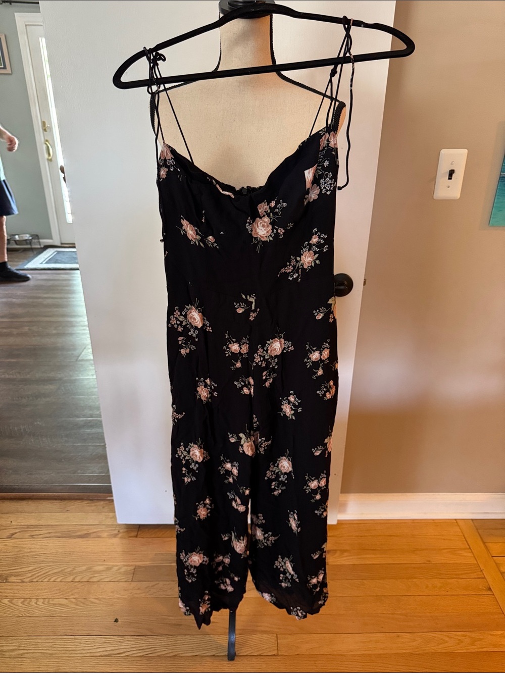 Reformation Black Floral Spaghetti-Strap Wide-Leg Jumpsuit